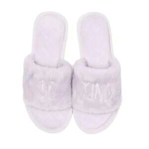 Rae Dunn Grey Plush Faux Fur Be Kind Quilted Cozy Slide Slippers Size Small